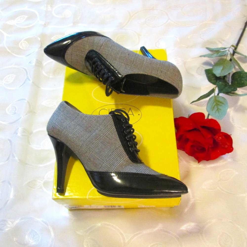 JOAN & DAVID PLAID PATENT STILETTO BOOTIE - NEW